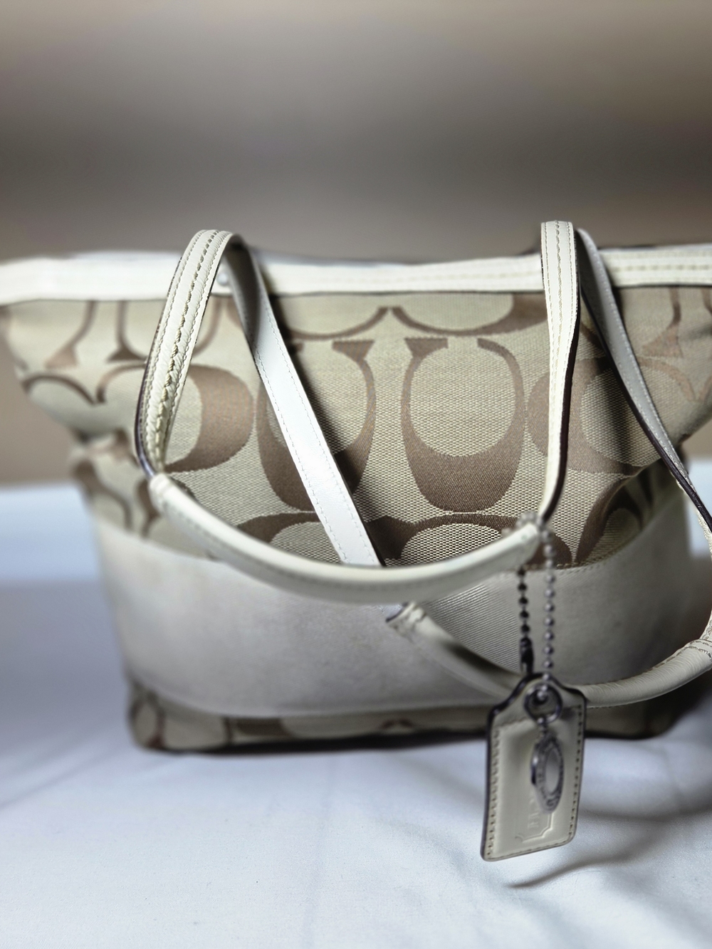 Coach Beige Signature Canvas Tote with Leather Trim